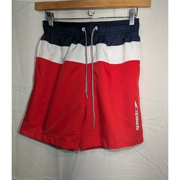 Speedo Mens S Red White Navy Blue Elastic Waist Drawstring Swim Trunks Shorts - Picture 5 of 11